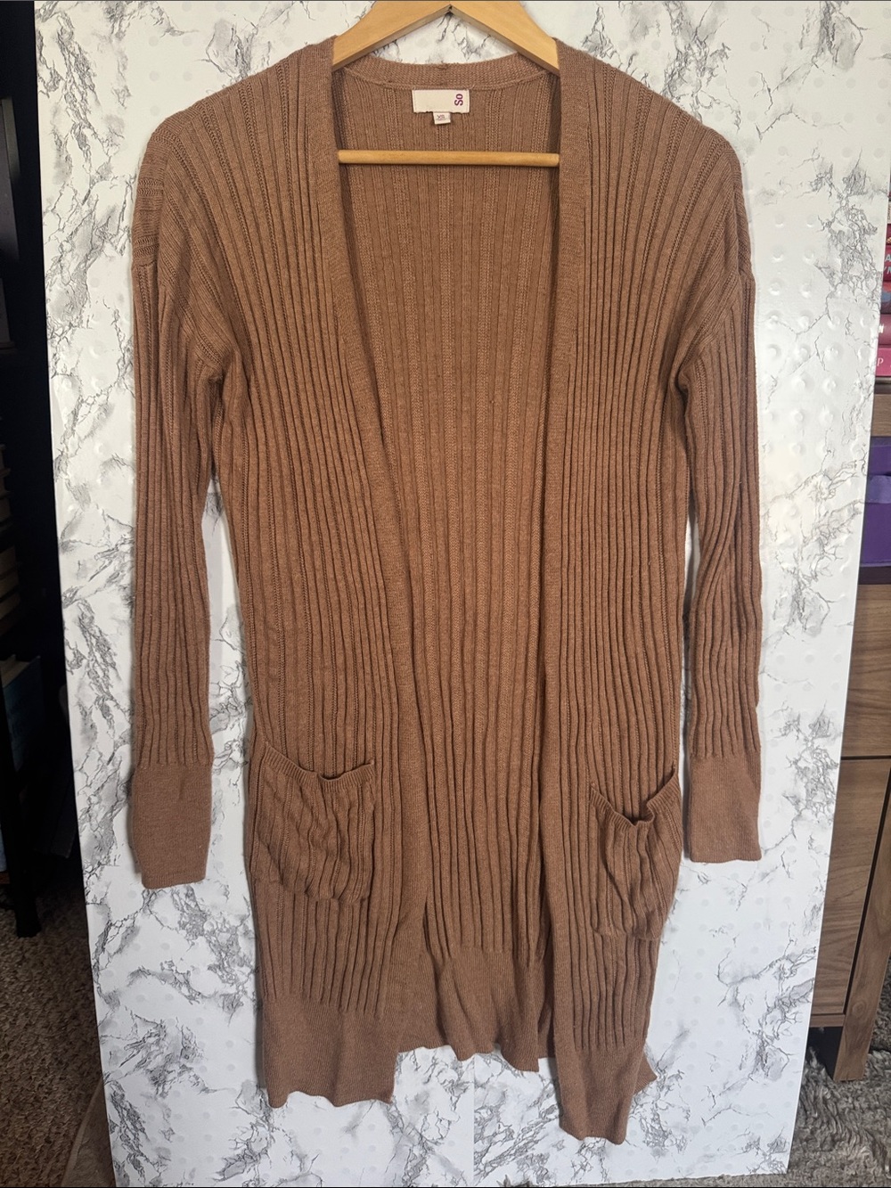 SO Open-Front Cardigan - Camel Brown Size XS